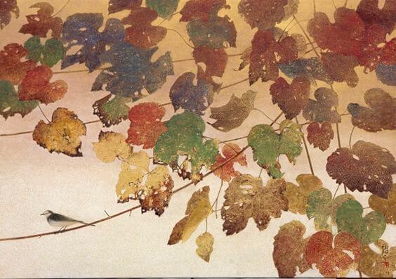 A beautiful Japanese-style painting of a bird sitting in an autumnal tree