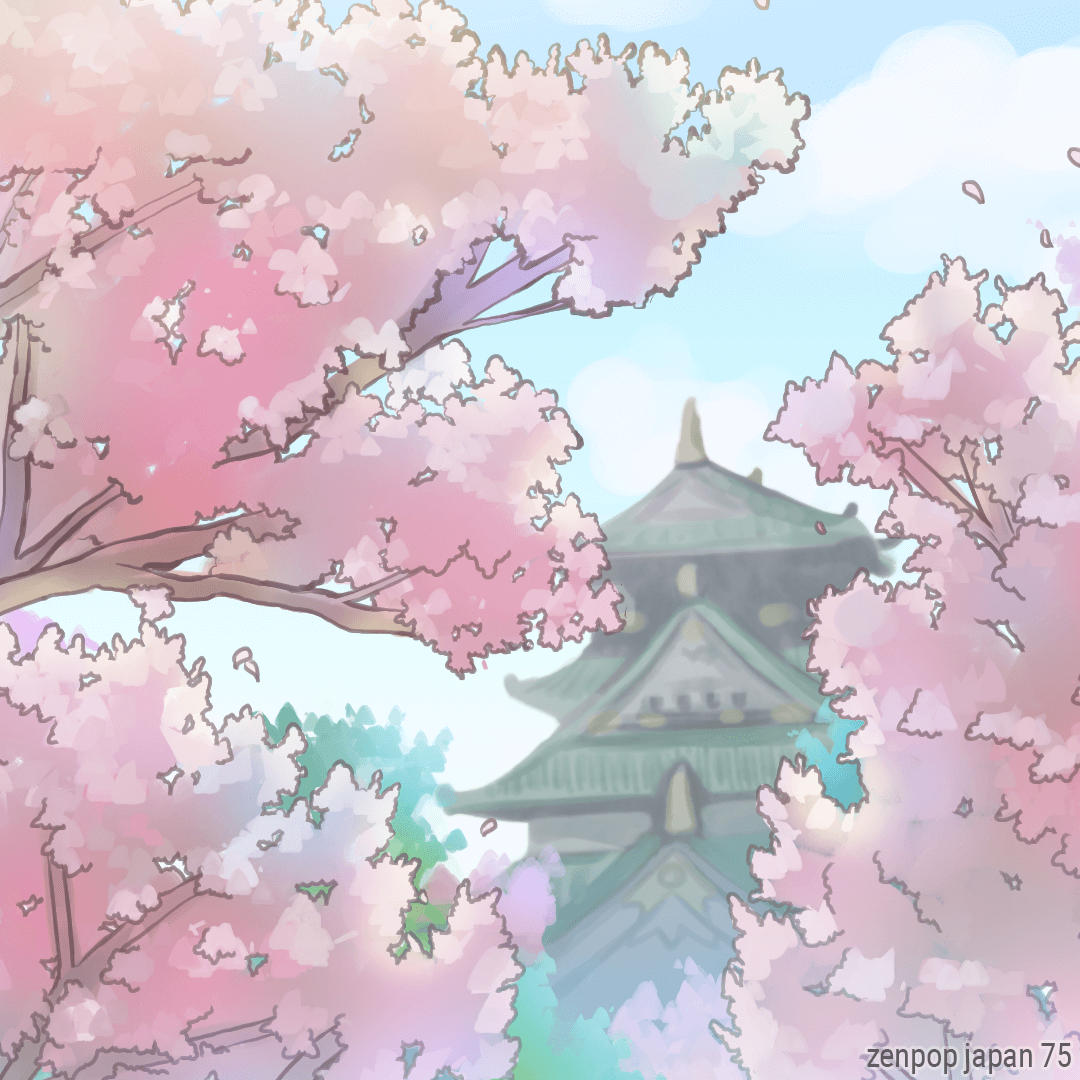 Image manga d'un château japonais sous les cerisiers